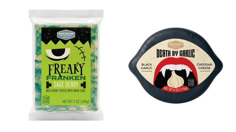 Packages of Emporium Selection Halloween Cheese in Freaky Franken Sage Derby and Death By Garlic on white background