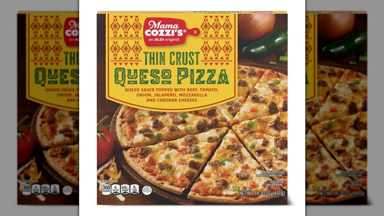 A package of Mama Cozzi's Thin Crust Queso Pizza