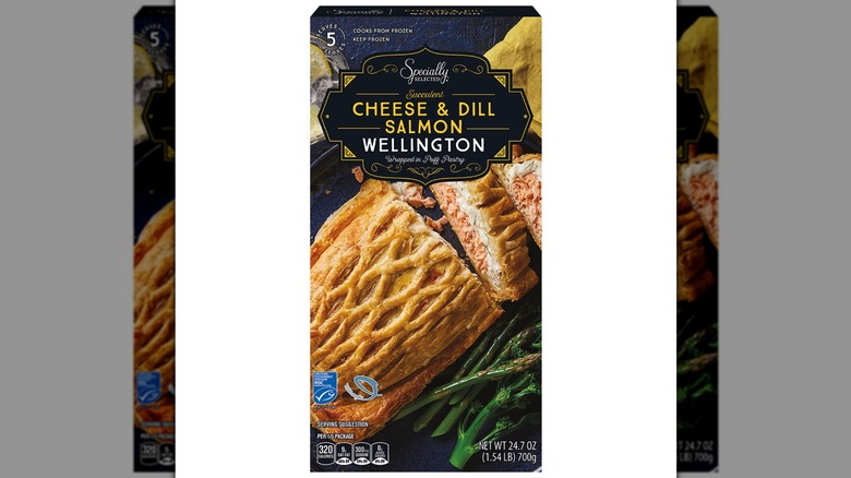 A package of Specially Selected Frozen Cheese & Dill Salmon Wellington