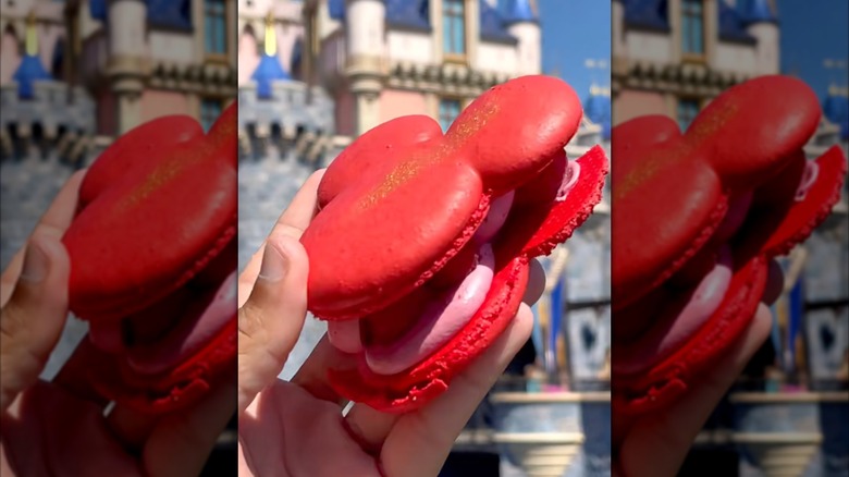 Raspberry rose Mickey macaron with view of castle