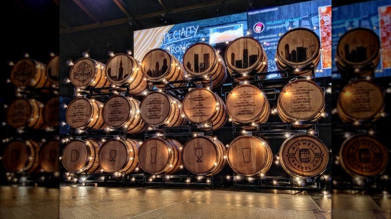 Stacked beer barrels on stage at Festival of Wood and Barrel-Aged Beer