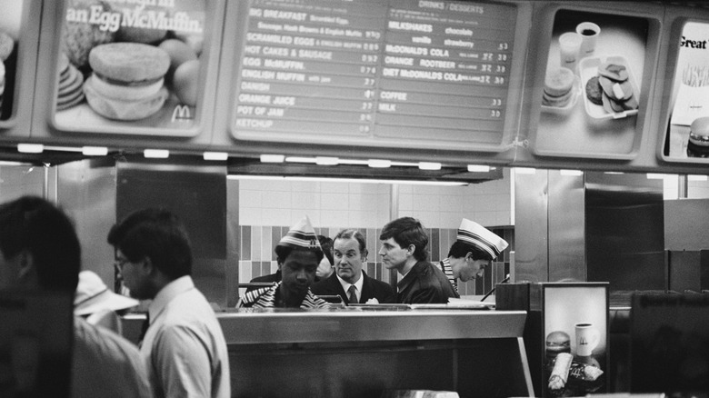 black and white image of McDonald's counter in 1980s
