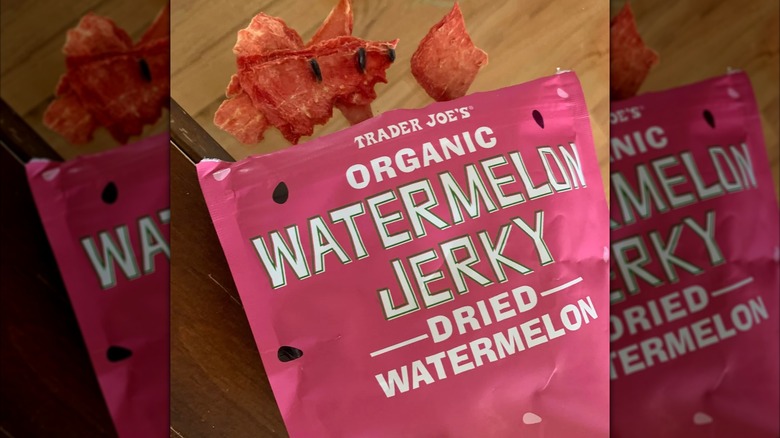 Package of Trader Joe's Organic Watermelon Jerky with several loose pieces