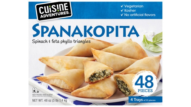 A box of Cuisine Adventures Spanakopita Spinach & Feta Phyllo Triangles