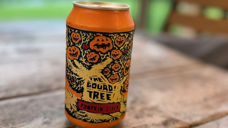A can of The Gourd Tree pumpkin cider on a table