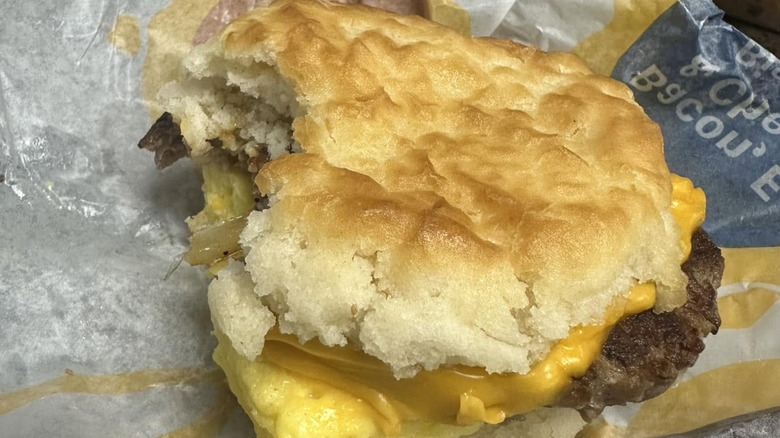 breakfast sandwich made on biscuit