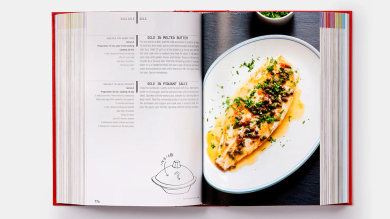 Open recipe book depicting fish in melted butter from The Silver Spoon