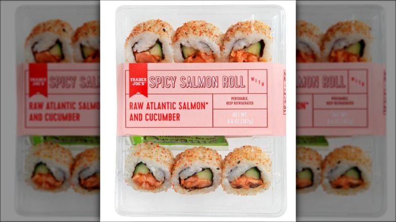 Spicy salmon roll on white background