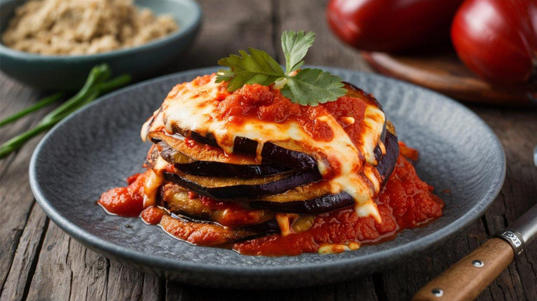 Eggplant Parmesan stacked on a gray plate, topped with fresh herbs
