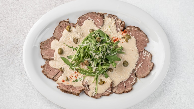 Vitello tonnato made with sliced veal and a tuna and caper sauce