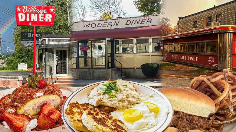 composite image of multiple old-school diners with plates of food in the forefront