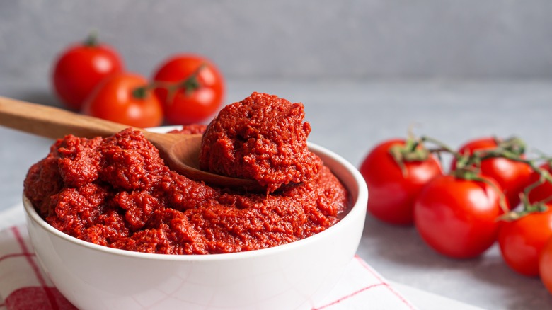 tomato paste in bowl with fresh tomatoes on rustic table