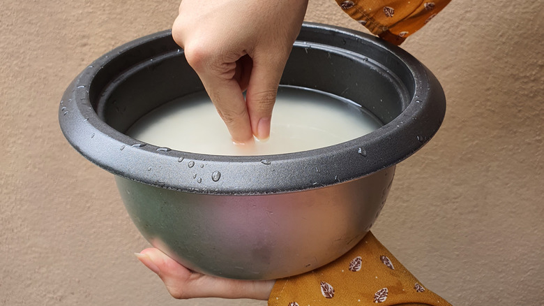 girl holds pot and dips the tip of index finger straight down into the pot