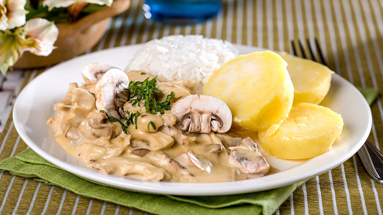 Chicken a la king with rice and potatoes on a white plate
