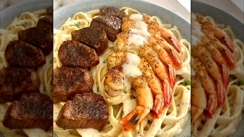 Kingsland Steak & Shrimp Pasta from from Outback Steakhouse on gray plate