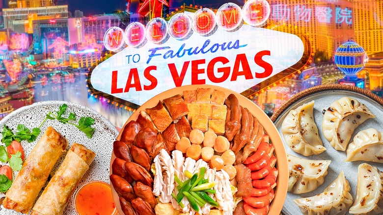 Las Vegas sign behind chinese food dishes