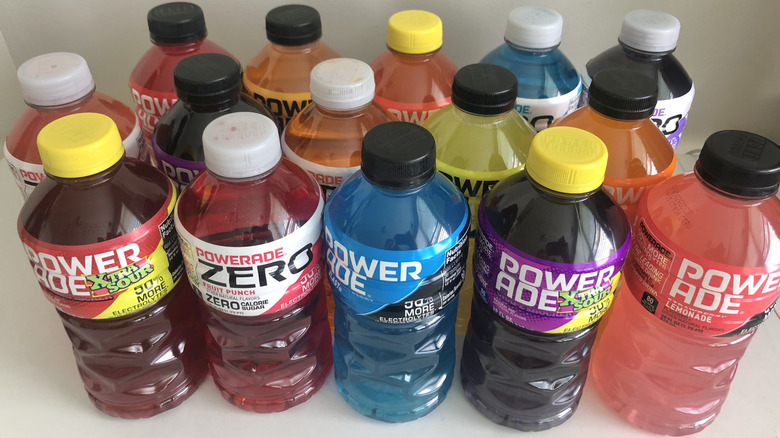 15 Different bottles of Powerade in various flavors