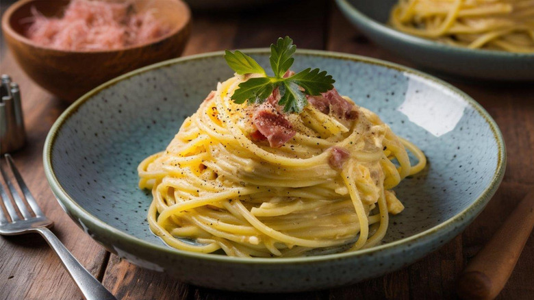 Bowl of spaghetti carbonara with fresh parsley garnish