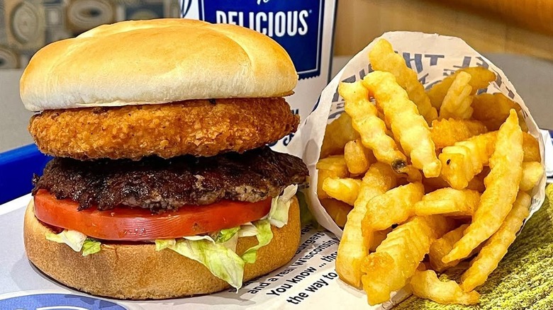 A hamburger, fries, and a drink from Culver's