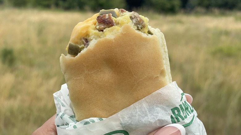 Someone holding a runza sandwich from Runza
