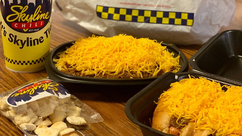 Various menu items from Skyline Chili on a table