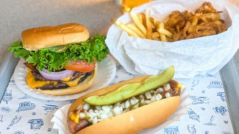 Various menu items from Ted's Hot Dogs on a tray