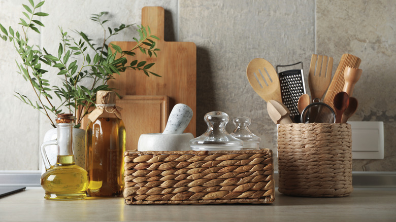 Kitchen table with wicker basket