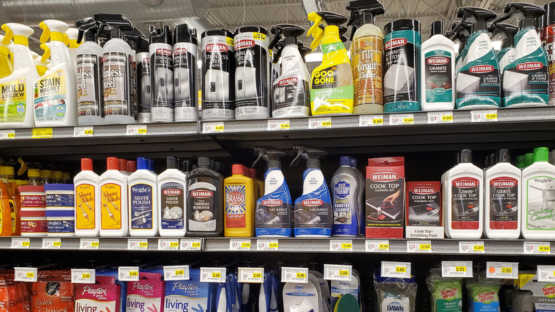 Display of cleaning products on supermarket shelves