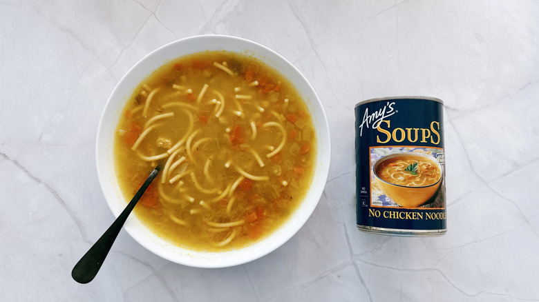 bowl of soup and can of Amy's soup