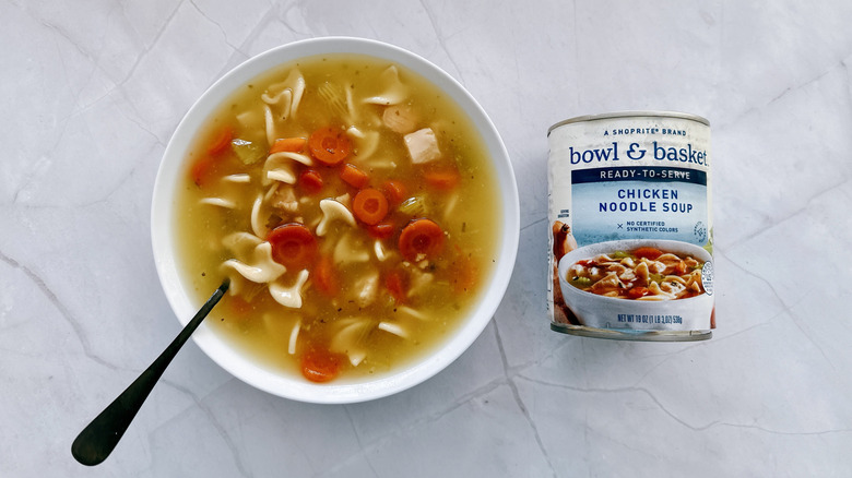 bowl of soup and can of bowl and basket soup