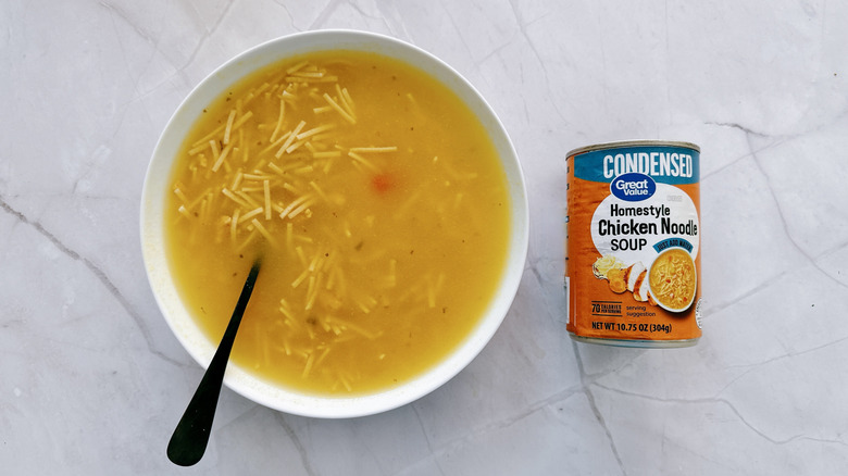 bowl of soup and can of great value soup