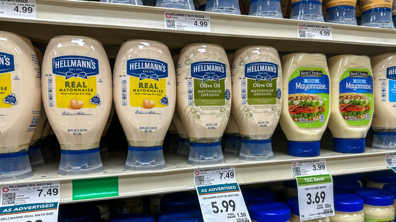 Hellman's mayonnaise on grocery store shelf