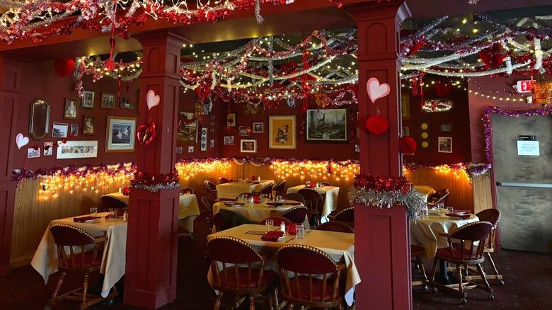 Retro-looking red and white dining room decorated for Valentine's Day