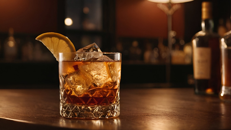 Old fashioned cocktail sitting on a bar counter