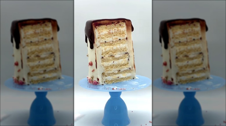 Four-layer zebra cake cake on a pedestal