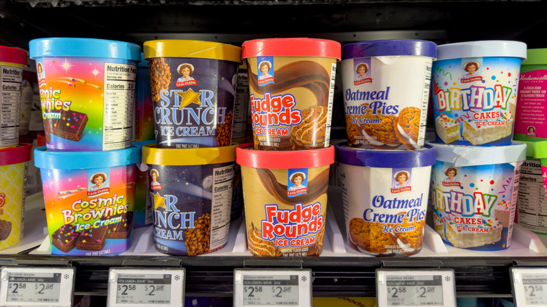 Various flavors of Little Debbie ice cream in a grocery store freezer