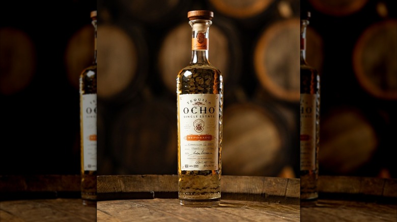 A bottle of Tequila Ocho Reposado