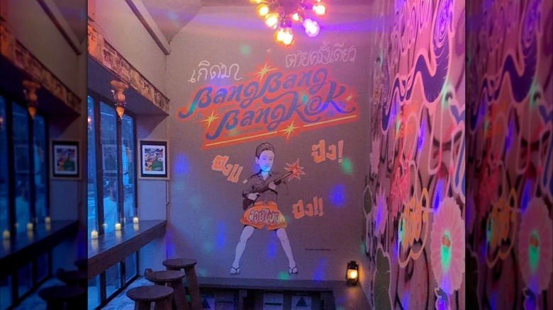 A colorful mural inside Bang Bang Bangkok in Brooklyn