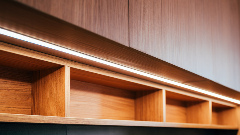 Wooden kitchen cabinets with strip lighting