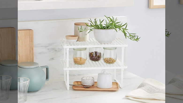 Set of pantry essentials and plant placed on a stackable shelf riser