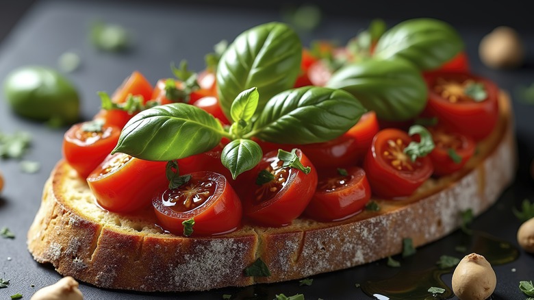 Bruschetta with tomatoes and basil on a black plate