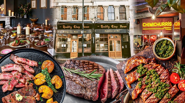Plates of steak and shop fronts
