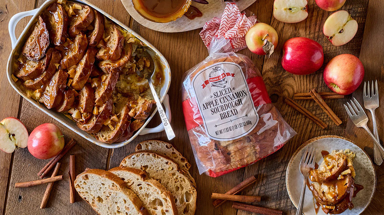 bag of Trader Joe's Sliced Apple Cinnamon Sourdough Bread next to casserole dish