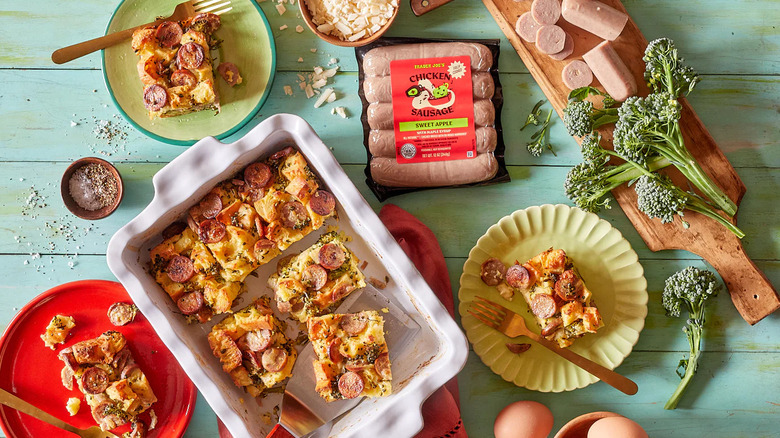 pack of Trader Joe's Sweet Apple Chicken Sausage pictured next to baked casserole