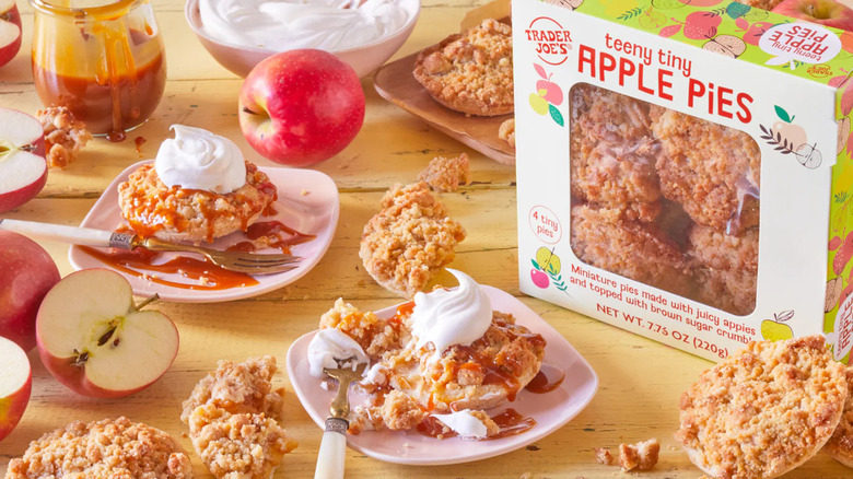 Trader Joe's Teeny Tiny Apple Pies plated with whip cream with box in background