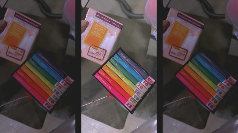 A person holding a box of Trader Joe's Chocolate Passport chocolate bars