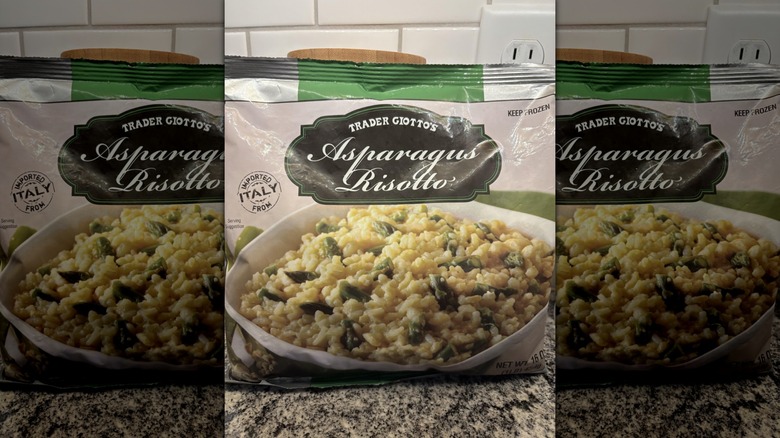 Bag of Trader Joe's asparagus risotto on counter