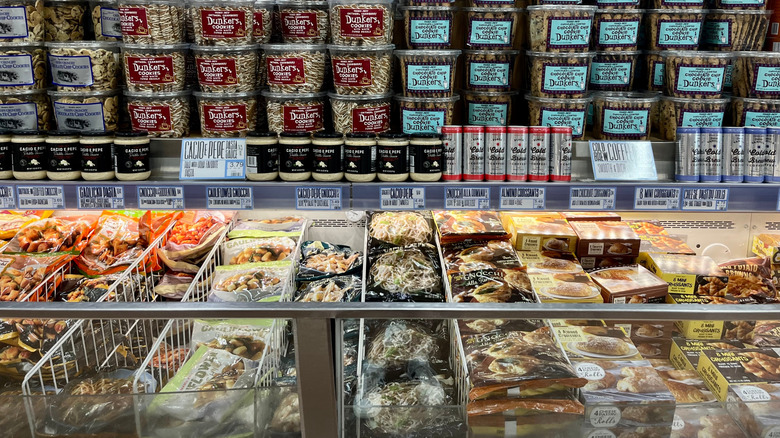 Part of freezer aisle at Trader Joe's, cookies above