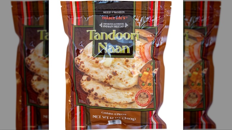 Bag of Trader Joe's Tandoori naan on white background