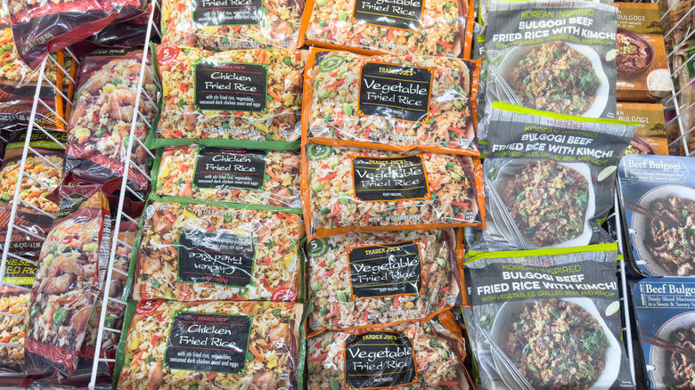 Bags of frozen fried rice in freezer section at Trader Joe's